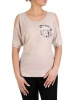 Wizytowa beżowa bluzka damska z błyszczącą aplikacją – prosty krój z wycięciami na rękawach 11750
