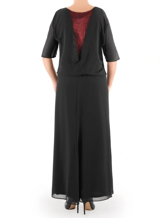 Elegancka czarno-bordowa sukienka wieczorowa maxi – rozkloszowany krój z efektowną narzutką 36483