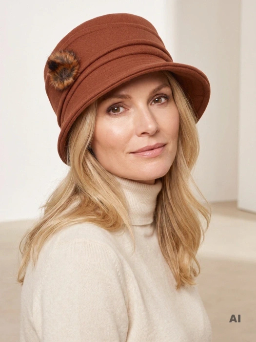Elegancki kapelusz zimowy damski cloche rudy – z ocieplaną podszewką i regulacją 42360