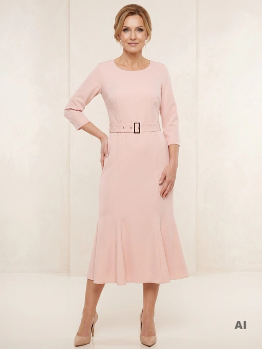 Różowa sukienka wizytowa syrenka midi – kobiecy krój z rękawem 3/4 podkreślający figurę 35736
