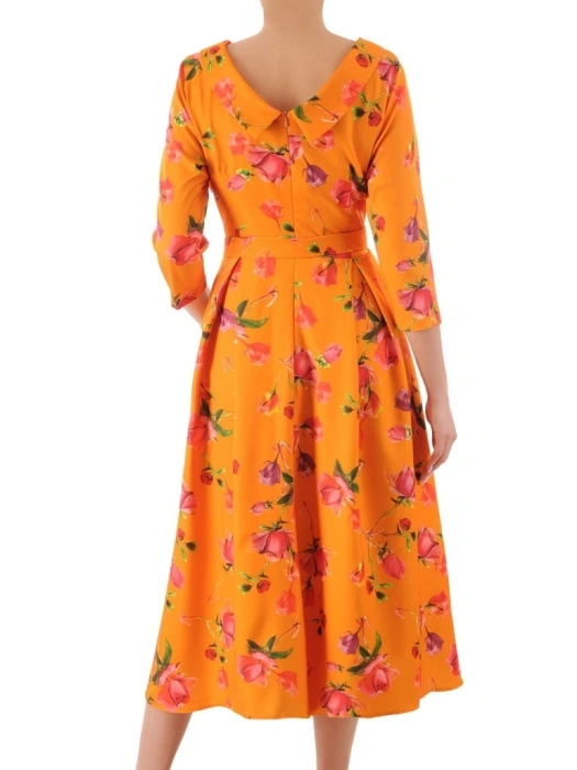 Pomarańczowa sukienka rozkloszowana maxi w kwiaty – elegancki krój z rękawem 3/4 i kontrafałdami 38025