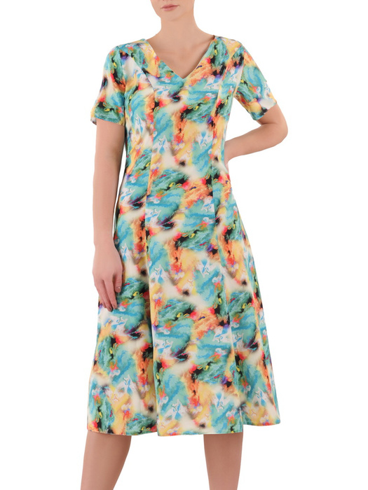  Sukienka z tkaniny, rozkloszowana kreacja w kolorowe wzorki 36029