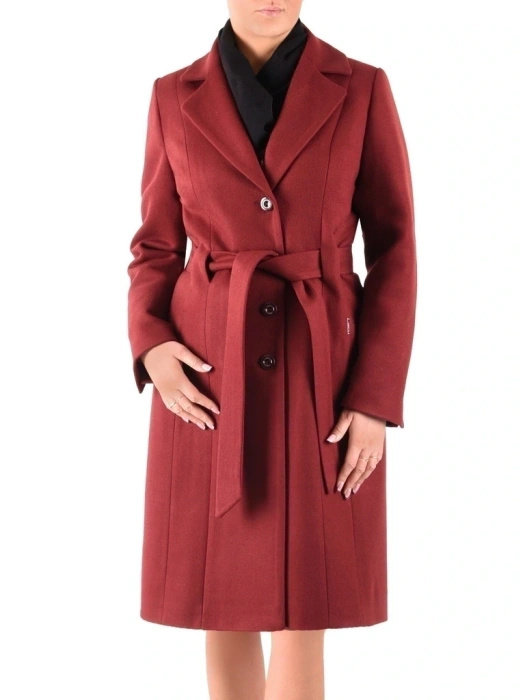 Czerwony płaszcz zimowy damski o prostym kroju – wyszczuplające przeszycia i odpinany kołnierz 27787