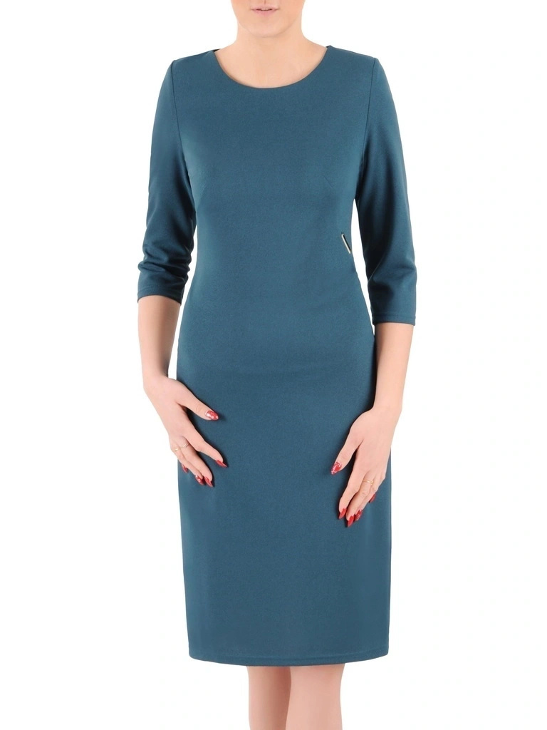 Wizytowa sukienka damska midi w kolorze morskim – prosty, wysmuklający krój z rękawem 3/4 37433