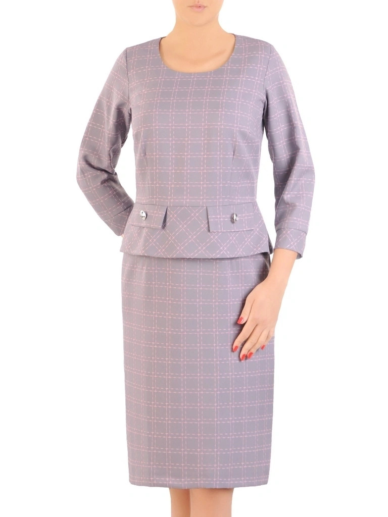 Elegancka sukienka biurowa midi w szarą kratę – prosty fason z modelującą baskinką 34190