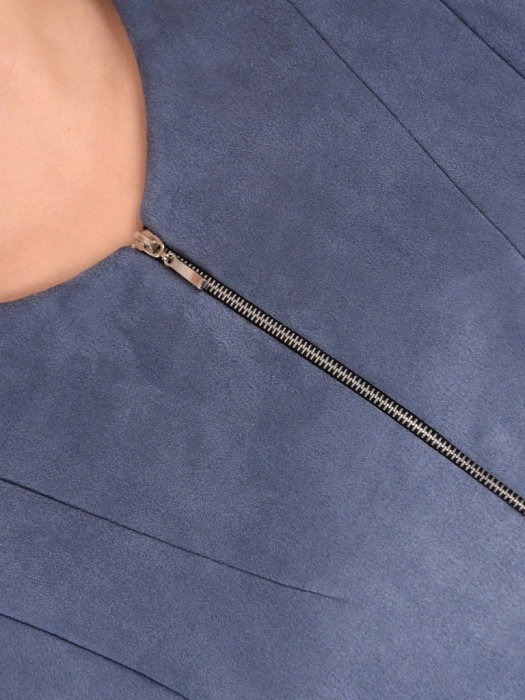 Elegancki żakiet damski do sukienki o prostym kroju – modny fason na zamek w odcieniu jeans 42136
