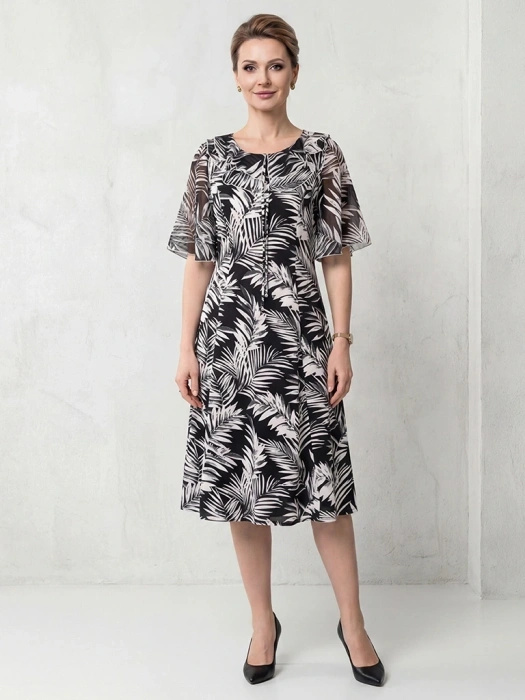 Czarna rozkloszowana sukienka midi w liście – elegancki fason z wiązaniem przy dekolcie 35965