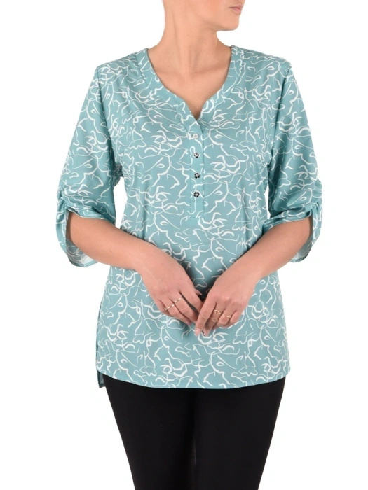 Miętowa bluzka plus size w abstrakcyjny wzór – prosty fason wysmuklający linię szyi, idealna na lato 41947