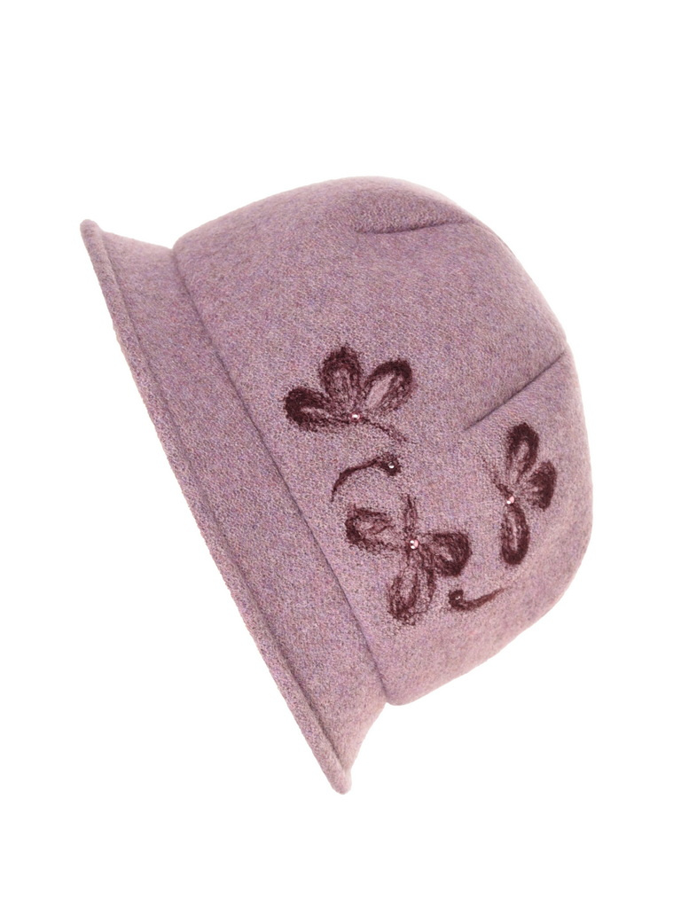 Wrzosowy kapelusz damski zimowy cloche – ocieplany model z kwiatowym akcentem 42370