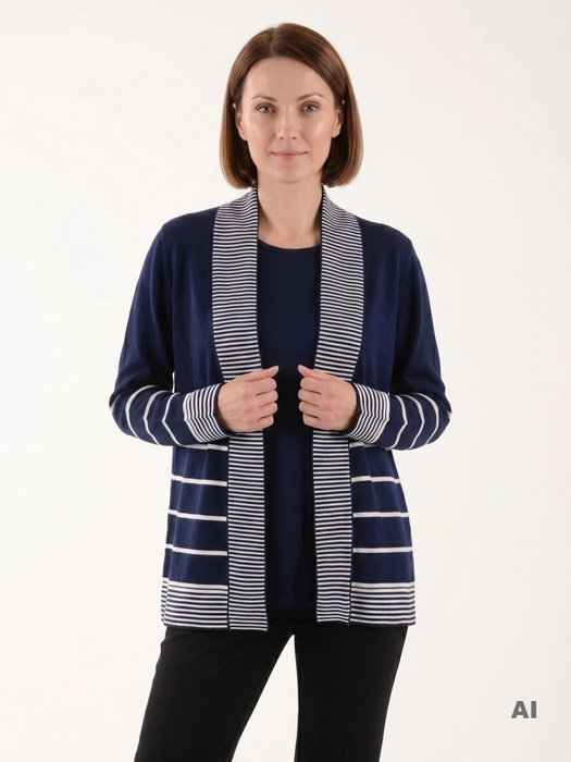 Granatowy sweter damski w paski o prostym kroju – praktyczny model 2w1 tuszujący biodra 38676