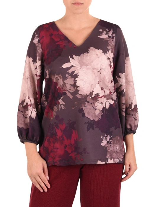 Elegancka bluzka wizytowa w jesienne kwiaty – prosty fason z dekoltem w serek 42123