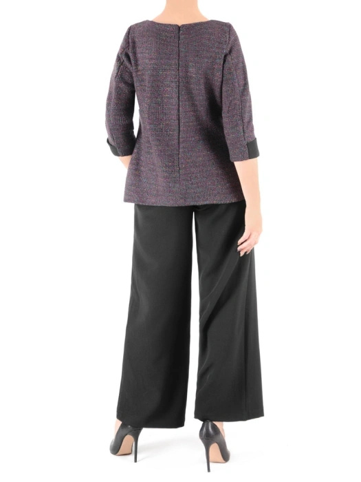 Komplet tunika z broszką i szerokie spodnie w fiolecie i czerni – wygodny strój do pracy oraz na spotkania 37467