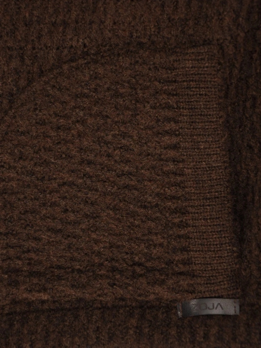 Elegancki sweter damski rozpinany w odcieniu brązu – prosty krój z kapturem i bufiastym rękawem 42174