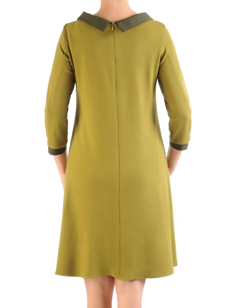 Limonkowa sukienka wizytowa trapezowa midi – kobiecy krój z elegancką kontrafałdą 34805