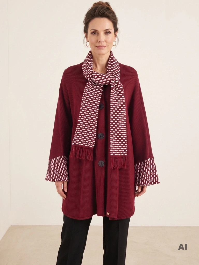 Elegancki sweter damski w odcieniu bordo – luźny, swobodny krój z dekoracyjnym wiązaniem 42164