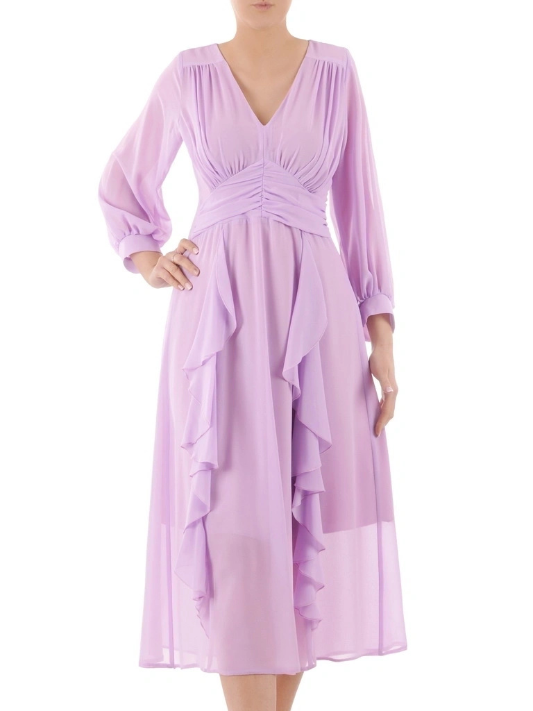 Elegancka sukienka rozkloszowana midi z falbanami liliowa – kobiecy krój tuszujący biodra 35366