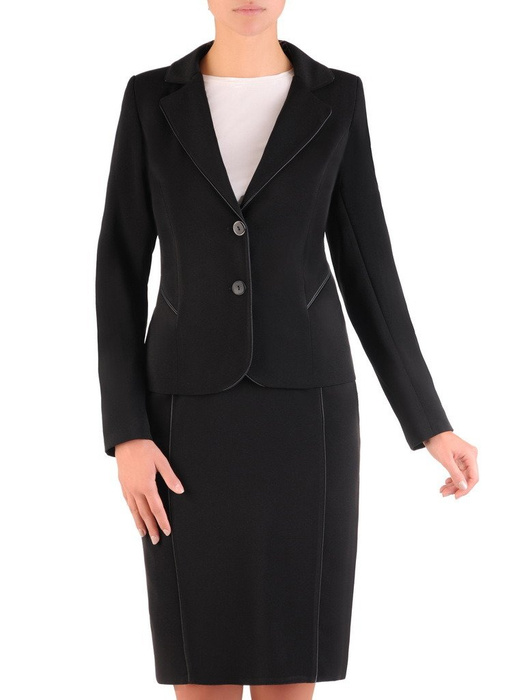 Kolekcja 28356, czarny klasyczny zestaw sukienka, żakiet, spódnica i spodnie z lamówkami