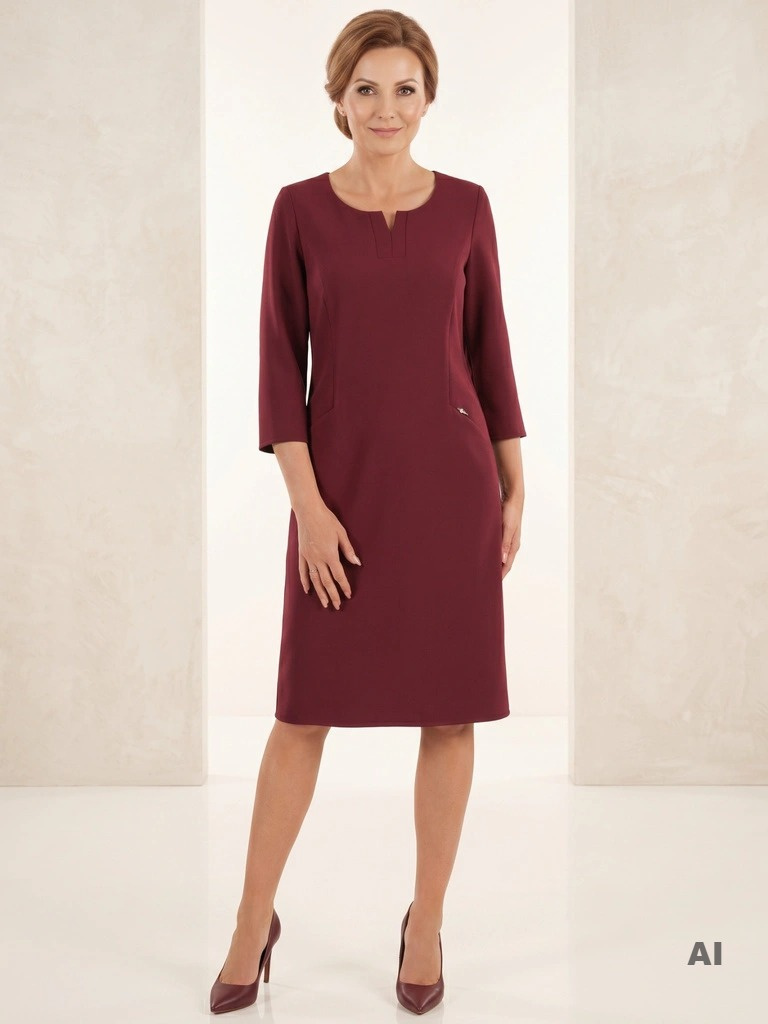 Elegancka bordowa sukienka wizytowa o prostym kroju – kobiecy dekolt i wysmuklające sylwetkę cięcia 36459