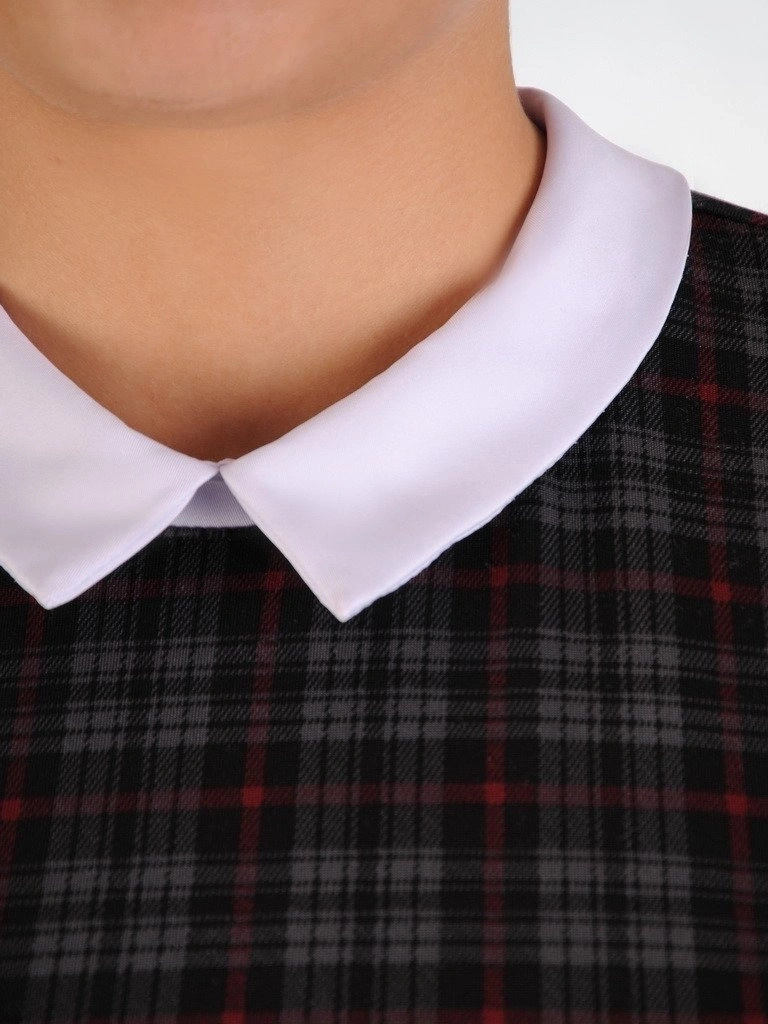 Szara sukienka krótka w kratkę z kołnierzykiem – prosty krój z rękawem 3/4 doskonały do biura 9407