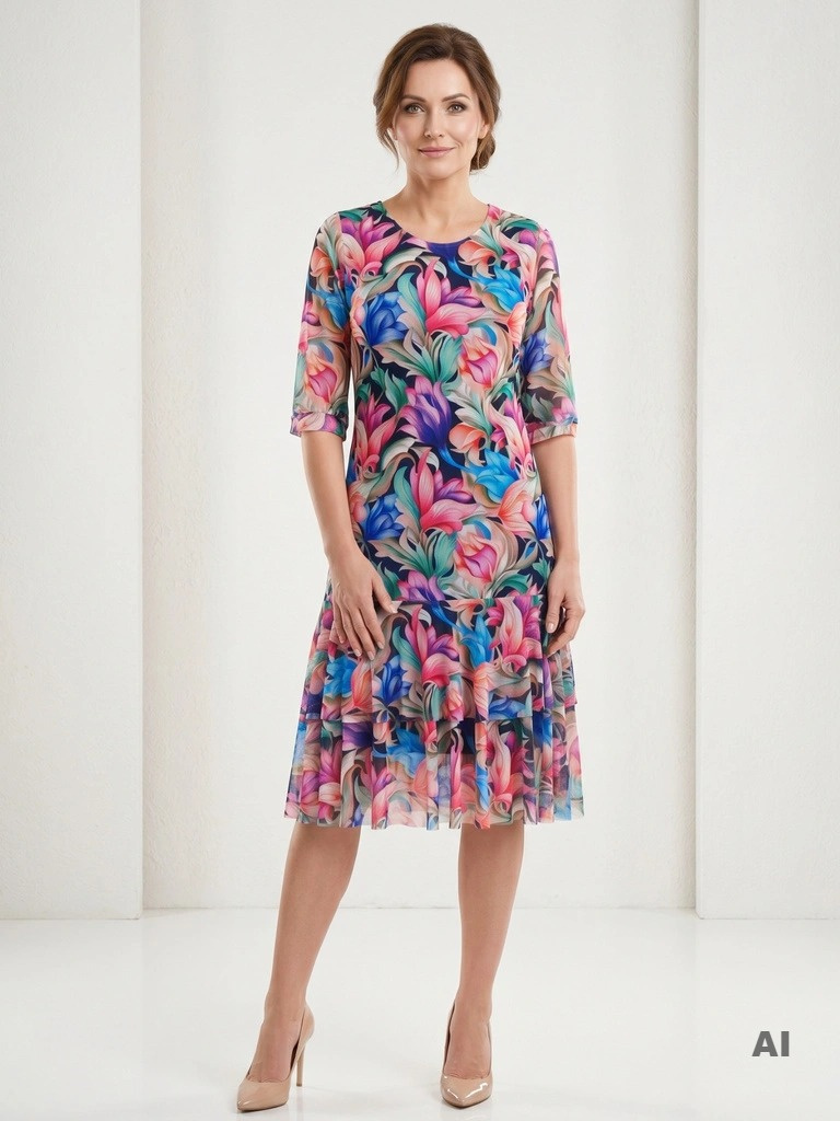 Elegancka sukienka trapezowa midi w kwiaty – wygodny krój z falbanami tuszujący biodra 38364