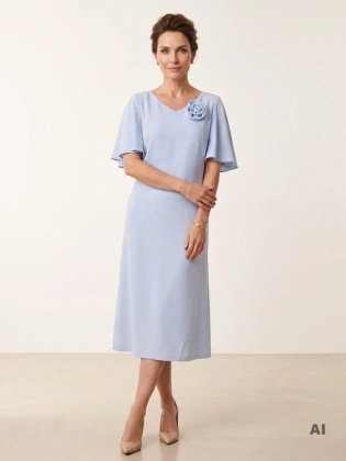Elegancka błękitna sukienka trapezowa wizytowa – wysmuklający fason z ozdobną aplikacją 42266