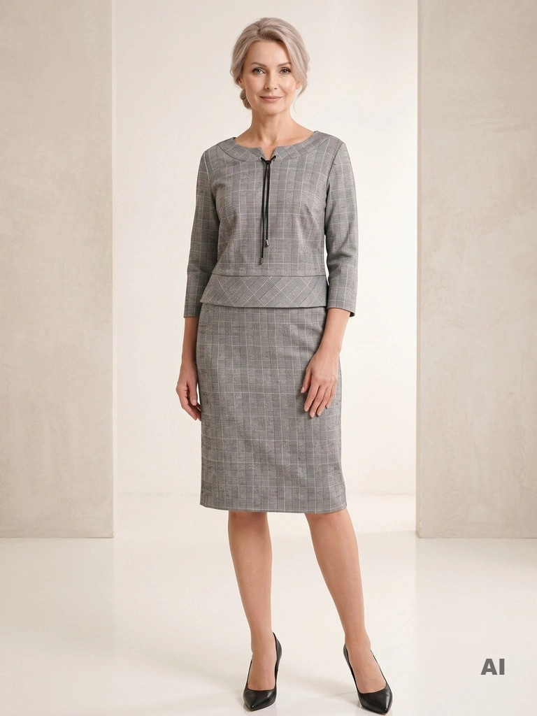 Elegancka prosta sukienka midi w kratę z rękawem 3/4 – fason z baskinką wysmuklający proporcje 33924