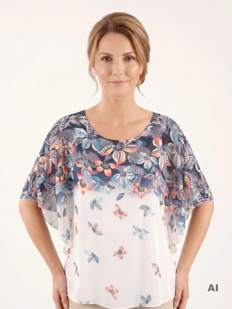 Elegancka bluzka wizytowa damska w kwiaty – asymetryczny fason tuszujący biodra 38528