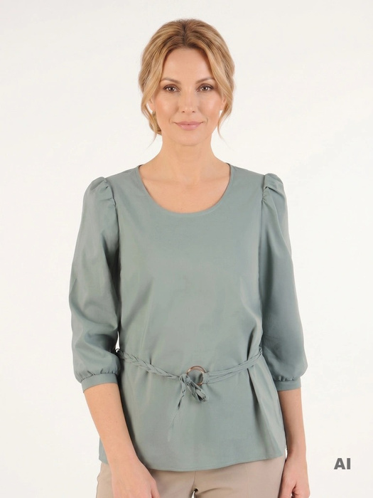 Elegancka zielona bluzka bawełniana – prosty fason z wiązaniem modelującym sylwetkę 33581
