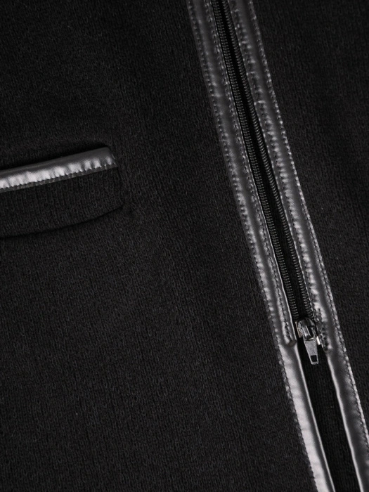 Elegancki sweter damski rozpinany czarny – modne wstawki z ekoskóry i prosty krój 38959