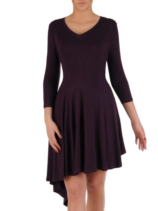 Śliwkowa sukienka dzianinowa z rękawem 3/4 – rozkloszowany fason z wysmuklającym dekoltem 19514