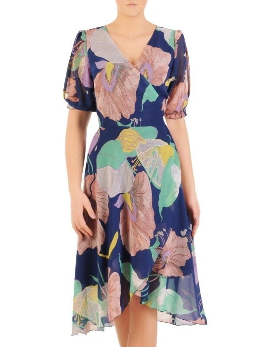 Elegancka sukienka rozkloszowana midi w kwiaty – kobiece wiązanie modelujące talię 28996