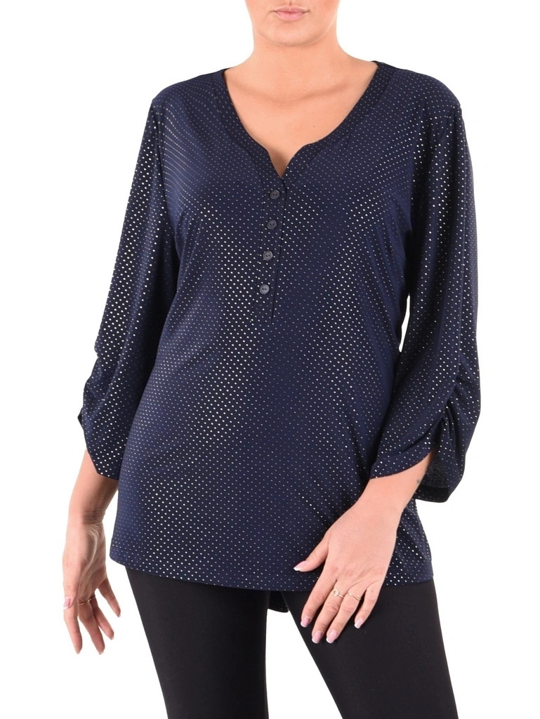 Elegancka bluzka plus size w granatowe grochy ze złotym akcentem – z dekoltem V i marszczonymi rękawami, wysmuklająca sylwetkę 40811