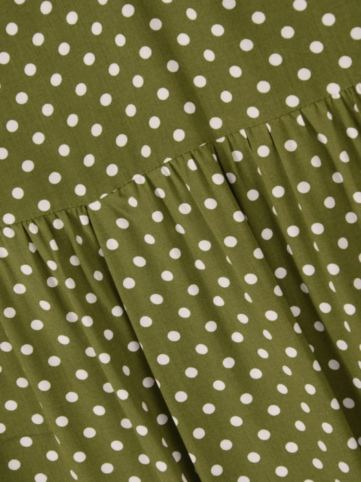 Wiskozowa sukienka rozkloszowana w grochy khaki – fason podkreślający talię i kobiece kształty 41410