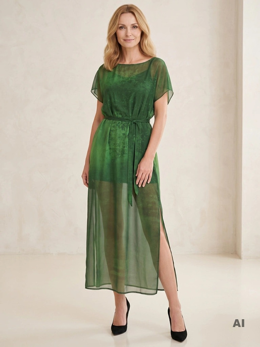 Elegancka sukienka maxi w kolorze butelkowej zieleni – wysmuklający prosty fason z dekoltem w łódkę 30098