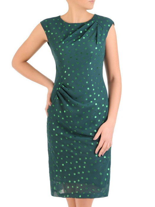 Elegancka, zielona sukienka w połyskujące złote groszki 29065