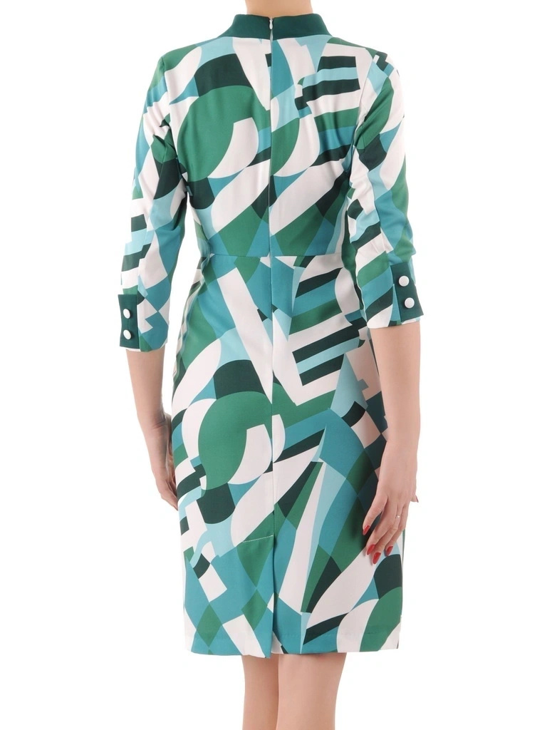Zielona sukienka midi w geometryczny print – tuszujący prosty krój z ozdobnymi patkami 35505