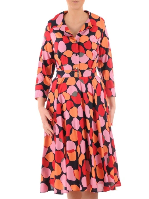 Czerwona sukienka rozkloszowana midi w print – modelujący pasek i rękaw 3/4 35312
