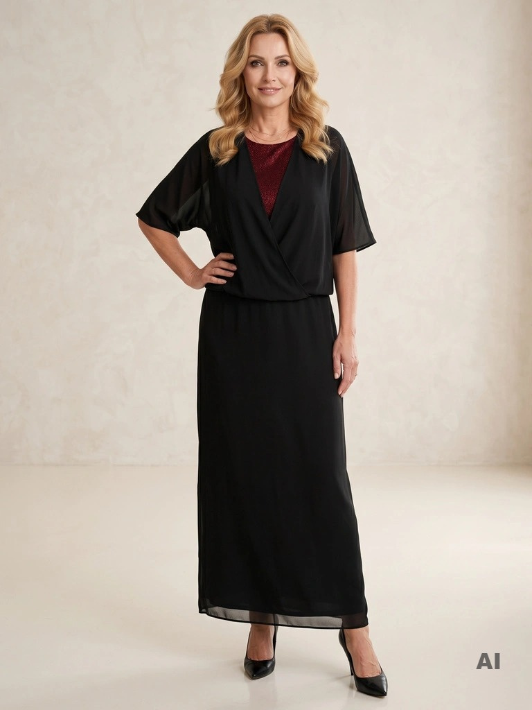 Elegancka czarno-bordowa sukienka wieczorowa maxi – rozkloszowany krój z efektowną narzutką 36483