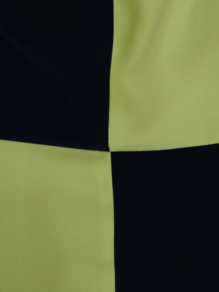 Dwukolorowa trapezowa sukienka midi granatowo-pistacjowa – maskujący fason z ozdobnym dekoltem łódka 2906