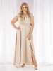 Długa beżowa sukienka koktajlowa bez rękawów – rozkloszowany fason z ozdobnym rozcięciem 20206