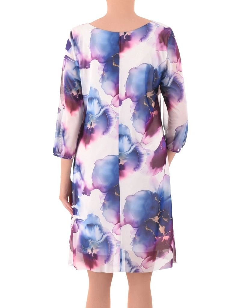 Fioletowa sukienka trapezowa midi w kwiaty – elegancki dekolt łódka i rękaw 3/4 39990