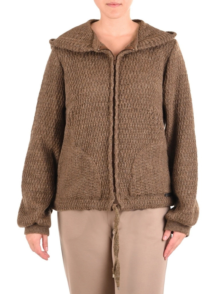 Elegancki sweter damski rozpinany beżowy – prosty fason z bufiastymi rękawami 42176