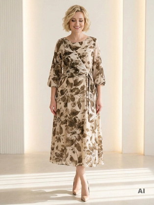 Damska sukienka maxi w jesienne kwiaty khaki – rozkloszowany fason tuszujący biodra 41299