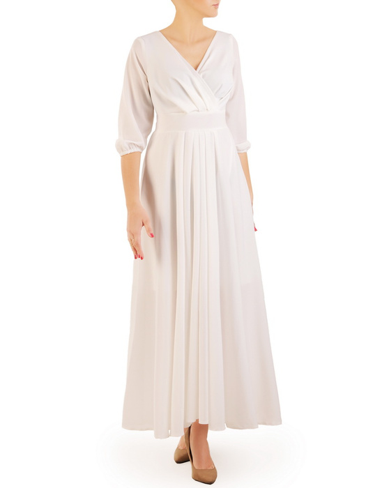 Biała sukienka maxi z szyfonu, kreacja z kopertowym dekoltem 31158