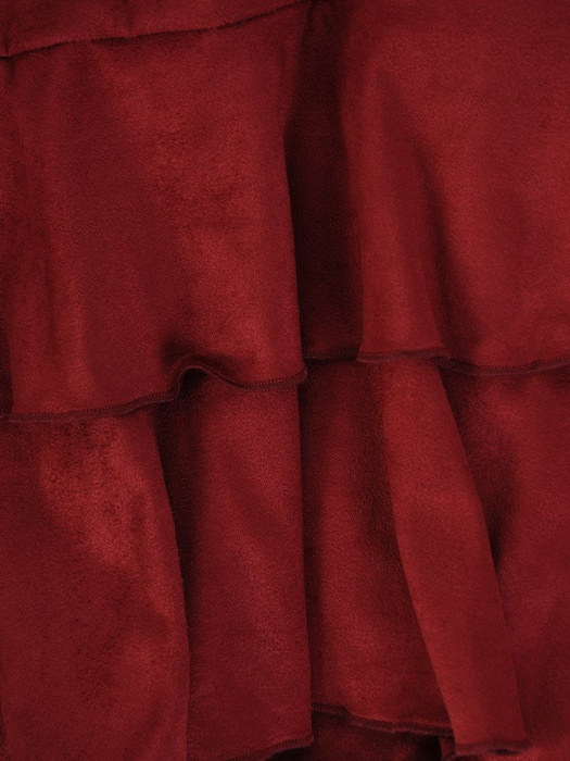 Trapezowa sukienka z zamszowej tkaniny, bordowa kreacja z falbanami 23166