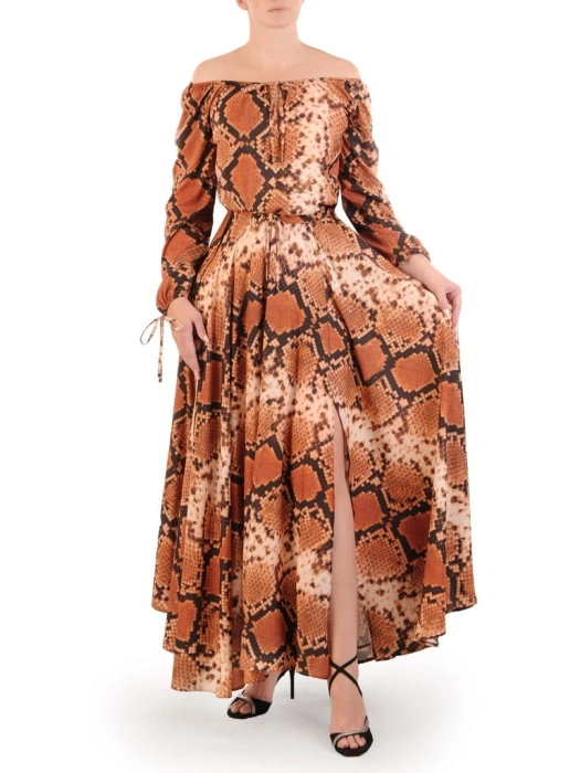 Jesienna sukienka maxi w zwierzęcy print – rozkloszowany fason z długim rękawem 34084
