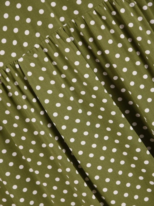 Wiskozowa sukienka rozkloszowana w grochy khaki – fason podkreślający talię i kobiece kształty 41410