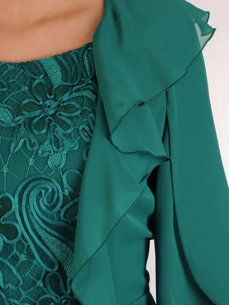 Zielona sukienka rozkloszowana wizytowa na wesele i święta – fason w kwiaty modelujący talię 28115