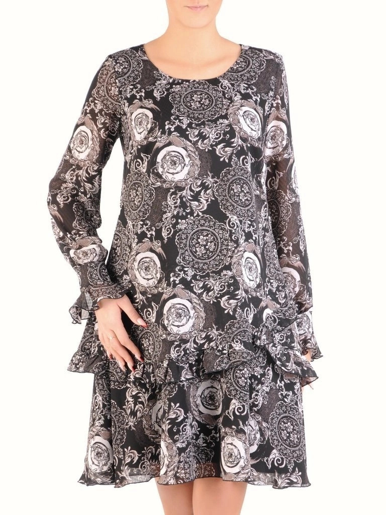 Czarna sukienka trapezowa midi we wzory – tuszujący krój z kobiecymi falbankami 28063