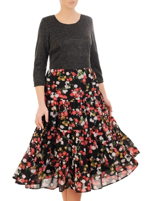 Elegancka sukienka rozkloszowana midi w kwiaty – kobiecy krój z rękawem 3/4 i ozdobną falbaną 31663